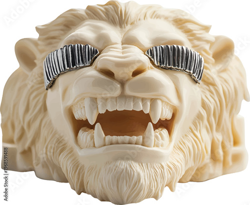 dental model with a lion-like goatee and two chrome grills on the top teeth, on atransparent background