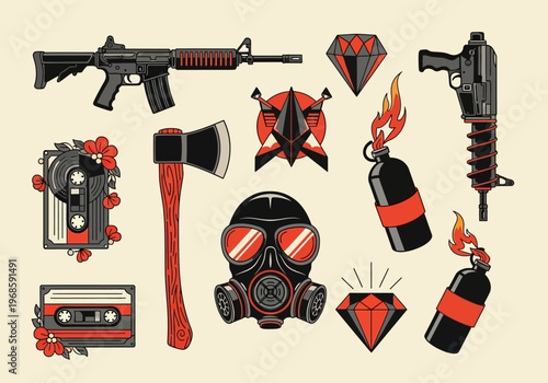 Urban Rebellion Icon Set: Gas Mask, Assault Rifle, Molotov Cocktails, and Retro Cassette Tapes in Tactical Tattoo Style