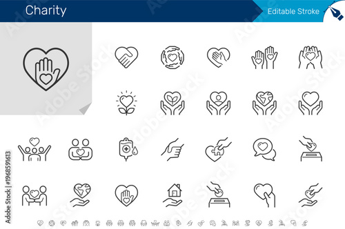 Charity and donation line icon collection for volunteer, support, helping hand and social care concept