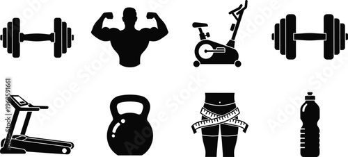 Fitness gym equipment and workout icons featuring dumbbell treadmill kettlebell cycling machine muscle silhouette collection isolated on white background