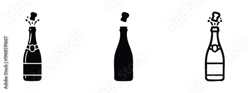 Champagne Bottle Pop Icon Set. Celebration Drink Outline and Solid Icons. Festive Cork Popping Vector Symbols.