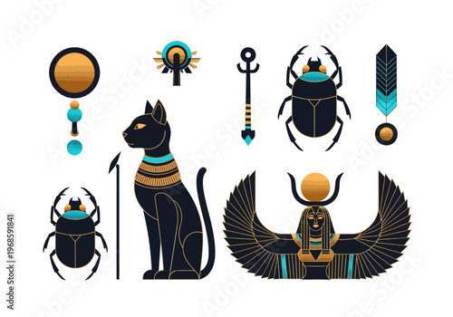 Elegant Collection of Ancient Egyptian Symbols featuring Bastet Cat, Scarab Beetles, and Winged Goddess Isis in Modern Gold and Teal Vector Art Style