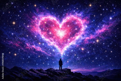 Celestial Serenade: A silhouette of a solitary figure gazes upward, marveling at the cosmic spectacle of a heart-shaped nebula, its radiant glow illuminating the boundless expanse of the night sky. 