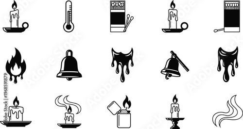 Fire and heat related icon set featuring candle flame thermometer bell melted wax silhouette collection isolated on white background