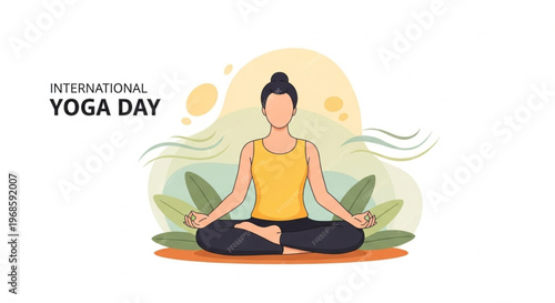 A serene woman meditates in lotus position on International Yoga Day with green leaves and a sunny background