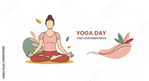 A serene woman meditates cross-legged on a yoga mat with a green ball and leaves around her in a peaceful setting