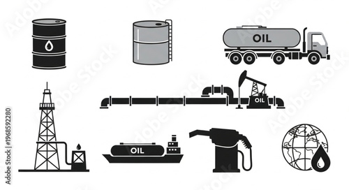 Oil Industry Icons - Barrel, Truck, Pipeline, Rig, Tanker, Pump, Globe.