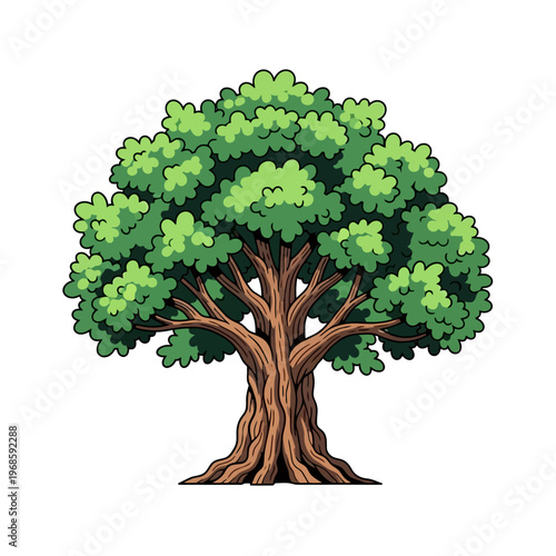A large tree with green leaves and thick brown trunk stands alone