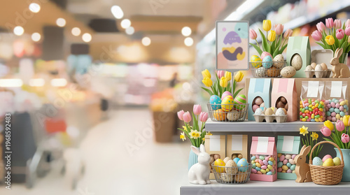 Easter holiday display in supermarket aisle with colorful painted eggs bunnies tulips candy baskets and gift bags. Spring seasonal shopping concept for celebration and decoration
