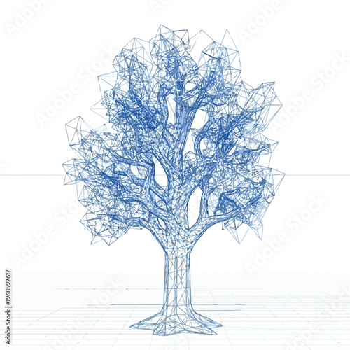 A detailed illustration of a tree with geometric shapes and lines on a white surface