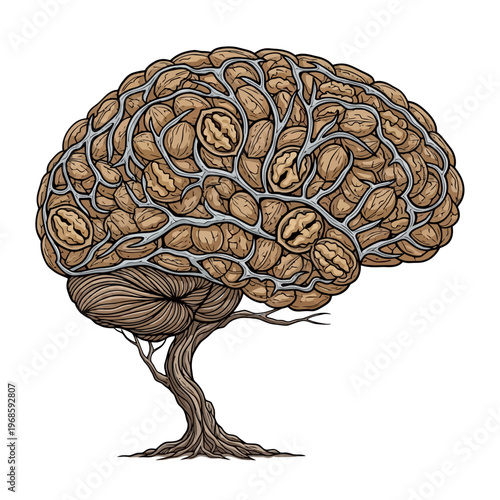 A tree with a brain-like structure made of coffee beans grows naturally outdoors