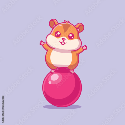Cute Hamster Balancing on a Pink Ball Cartoon.