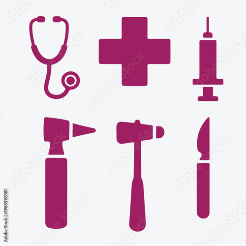 Medical Equipment Icons Set – Stethoscope, Cross, Syringe, Otoscope, Reflex Hammer, Scalpel