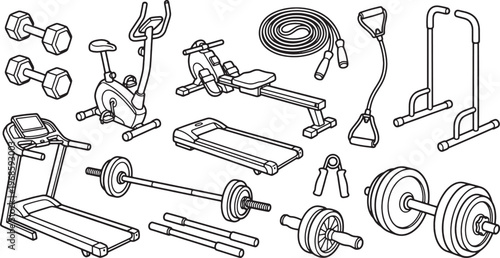 Gym equipment outline icon set with treadmill dumbbell bicycle rower barbell and fitness tools vector