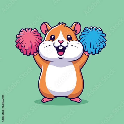 Cute Hamster Cheerleader Holding Pom Poms Cartoon.