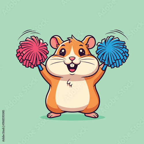 Cute Hamster Cheerleader Holding Pom Poms.