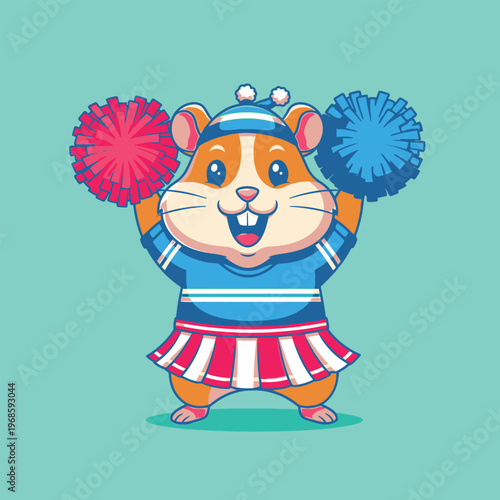 Cute Hamster Cheerleader with Pom Poms and Skirt.