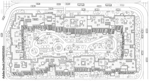 Architectural Plan of a Building Complex with Intricate Details.
