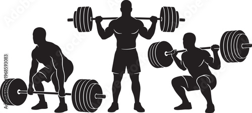 Muscular men silhouette set weightlifting and performing squats with barbells vector