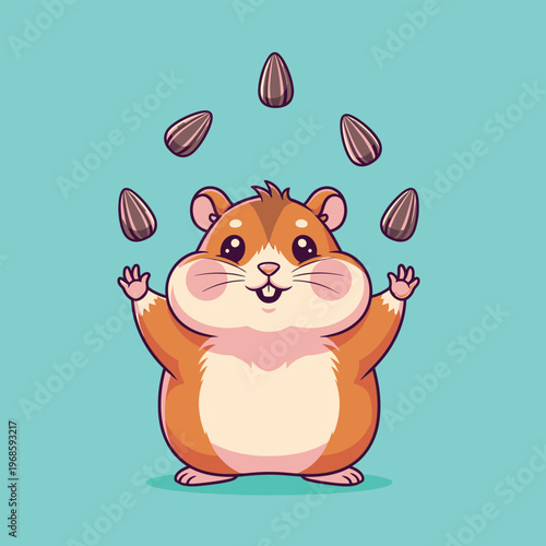 Cute Hamster Juggling Sunflower Seeds Cartoon.