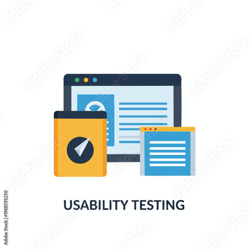 Flat illustration depicting a screen, device, and text box, symbolizing usability testing