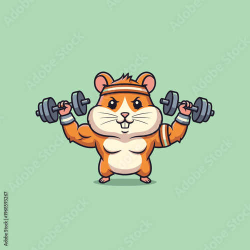 Cute Hamster Lifting Weights Cartoon Illustration.