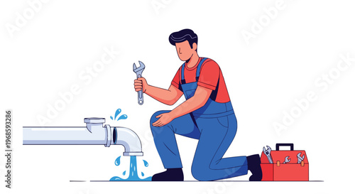 Plumber fixing a leaking pipe with a wrench