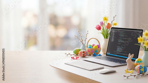 Easter decorations on modern office desk with open laptop. Colorful eggs, bunny figurine and spring flowers like tulips and pussy willows. Holiday workspace concept blending productivity and festive
