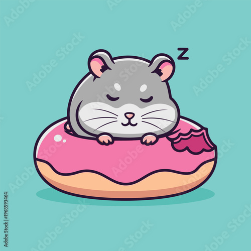 Cute Hamster Sleeping on Pink Donut Illustration.