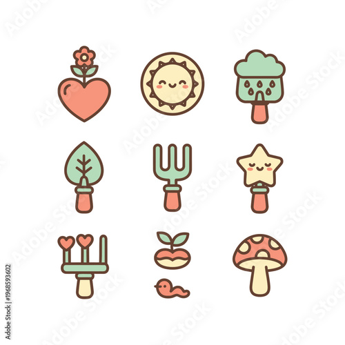 Cute Garden Icons Set Vector Illustration.