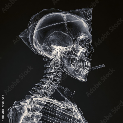 Artistic X-Ray Side Profile: Woman Skeleton Smoking Cigarette - A Surreal Medical Imaging & Anti-Smoking Campaign