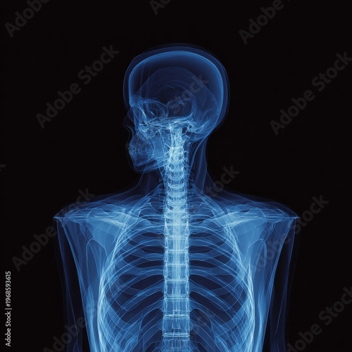X-ray Image of Human Skeleton: Front View of Skull, Spinal Column, and Torso in Blue Tone for Medical Imaging and Diagnostic Analysis