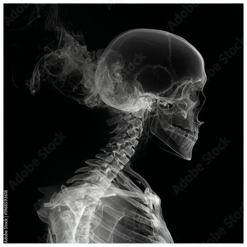 Detailed Skull X-Ray Profile: Human Skeleton, Spine & Neck Bones | Medical Imaging & Radiography Study
