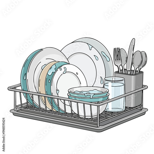 A kitchen dish rack holds wet plates, bowls, glasses, and utensils, awaiting drying