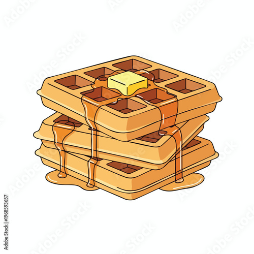 Stack of golden waffles dripping with syrup and topped with butter