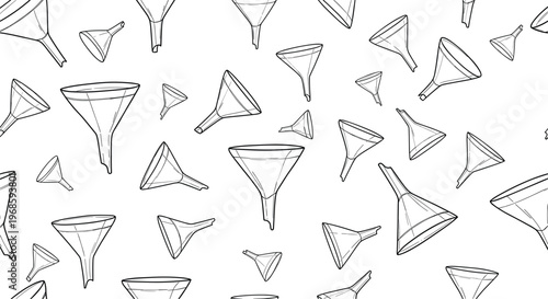 Funnel sketch pattern set featuring hand drawn pouring tools collection seamless background design with various funnel shapes isolated illustration