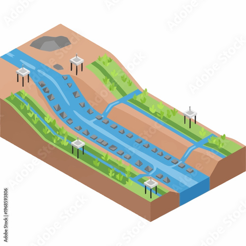 Isometric Diagram of a River with Water Diversion and Irrigation System.