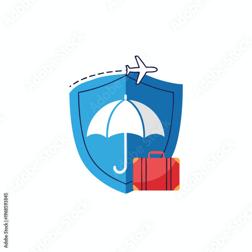 A blue shield with an umbrella, airplane, and suitcase symbolizing travel safety and protection