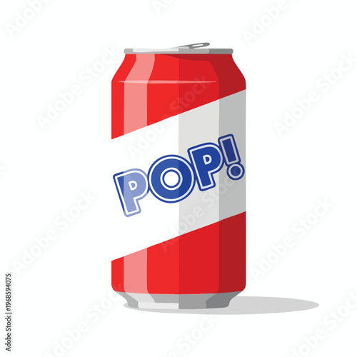 A red and white soda can with blue lettering that says "POP!