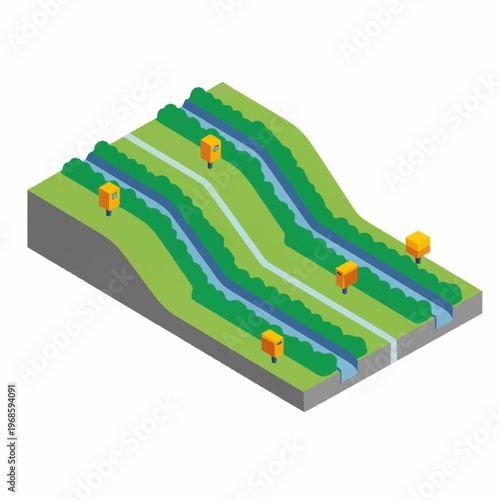 Isometric illustration of a terraced landscape with water channels and trees.