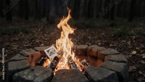 Vibrant Campfire Burning Brightly in a Stone Ring at Dusk.
