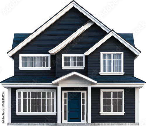 front view of a simple two-story house with dark gray-colored walls and a blue door, against a transparent background