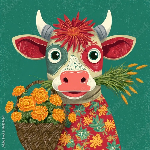 Decorative folk art style cow illustration with floral patterns red flower headpiece green grass basket of marigolds tropical background spring summer festive design bright colors graphic animal art