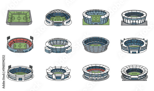 Premium Isometric Football Stadium Icon Set - 12 Vector Sports Arena Illustrations for Apps, Tournament Maps  Urban Planning Assets