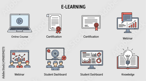 E-learning and online education icons.