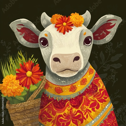 Cute Hindu holy cow with traditional Indian pattern sari and flower basket vector illustration for Diwali harvest festivals and religious celebrations