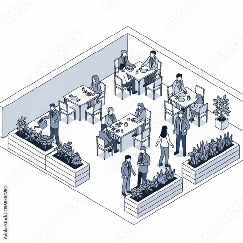 Isometric illustration of a rooftop restaurant with people dining and gardening.