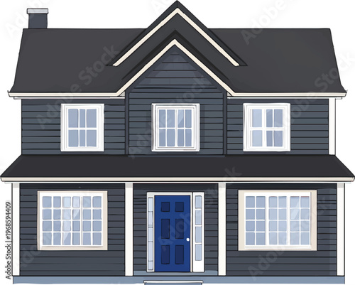 front view of a simple two-story house with dark gray-colored walls and a blue door, on a transparent background
