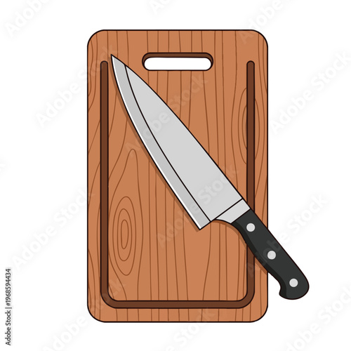A knife rests on a wooden cutting board with a carved handle slot