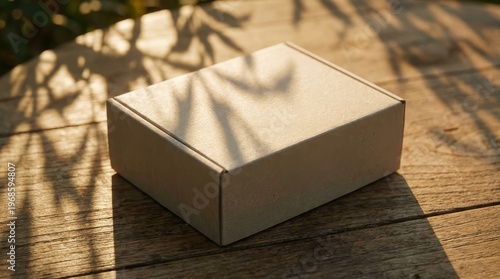 Brown cardboard box mockup bathed in warm sunlight